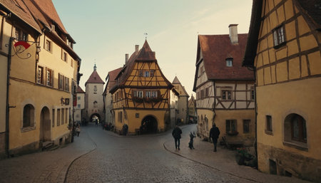A sun-drenched cobblestone street in a charming medieval German town, lined with traditional half-timbered houses and a few people strolling.の素材