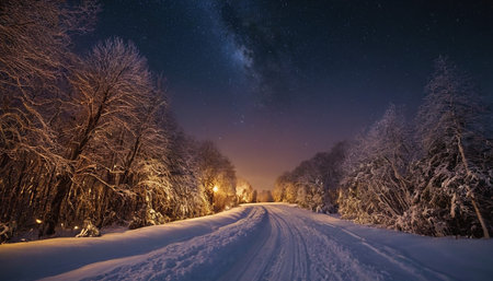 A snow-covered road winds through a forest at night, illuminated by warm lights and a vast starry sky, creating a magical and serene winter scene.の素材
