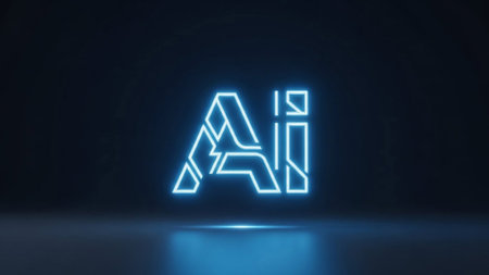 The letters "AI" glow in neon blue, formed by sharp geometric lines, casting a subtle reflection on a dark, smooth surface, representing artificial...の素材