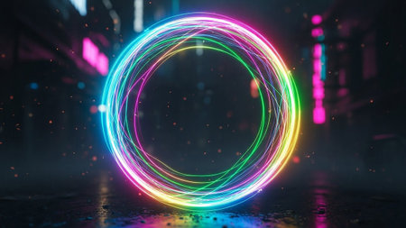 A dynamic, multi-colored neon ring pulses with light and energy in a dark, atmospheric urban setting with glowing particles.の素材