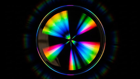 A spinning wheel a vibrant rainbow spectrum with radiating light flares against a stark black background.の素材