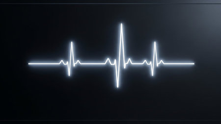 A bright white neon electrocardiogram line pulses rhythmically against a dark, textured background, symbolizing health and life.の素材
