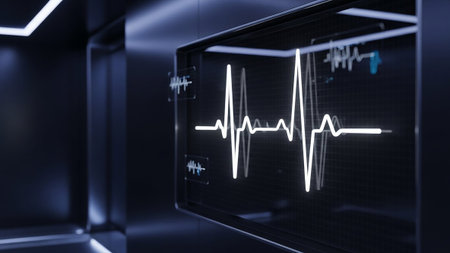 A glowing white electrocardiogram waveform pulses on a dark digital screen within a sleek, futuristic environment with blue ambient lighting.の素材