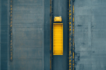 Aerial view of cargo container truck on the road from above.の素材