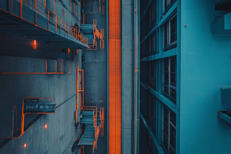 Modern building in Hong Kong at night with orange and blue lights.の素材