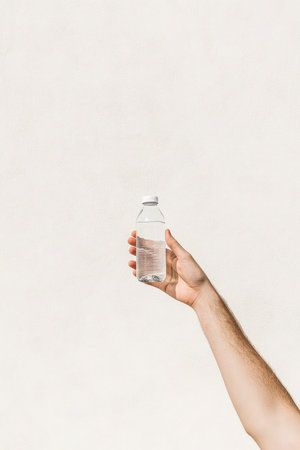 cropped shot of man holding plastic bottle with water isolated on whiteの素材