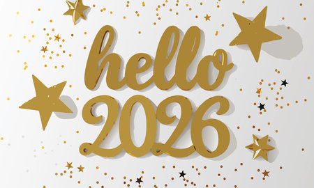 Hello new year 2016 with golden stars on white background. Vector illustration.のイラスト素材