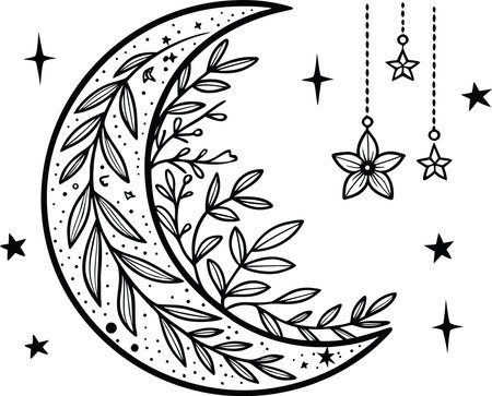 Illustration of black and white crescent moon with flowers and starsのイラスト素材
