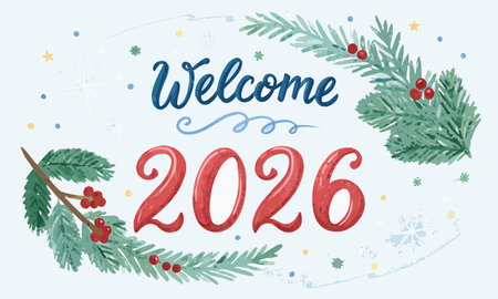 Welcome to the year 2016. Greeting card with Christmas tree branches and berries.のイラスト素材