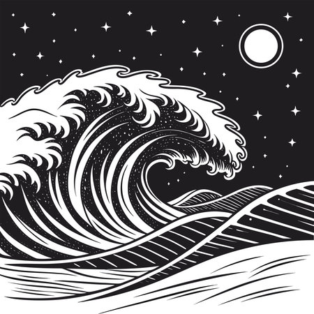 Vector hand drawn illustration of a big wave in the night sky.のイラスト素材