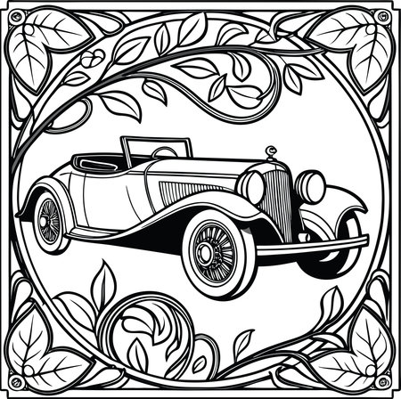 Vintage car in a frame of leaves. Black and white vector illustration.のイラスト素材