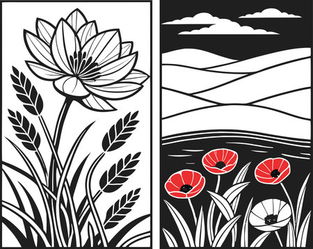 Set of black and white vector banners with poppies and wheatのイラスト素材