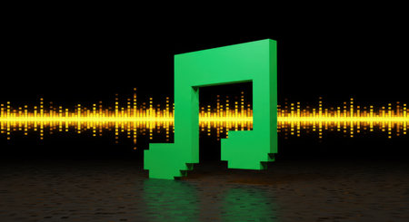 3d rendering of music note in green color with sound wave backgroundの素材