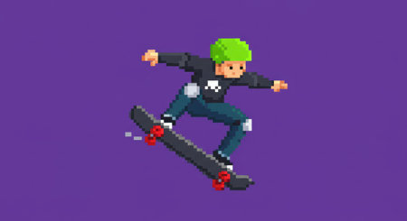 pixel art of a skateboarder riding a skateboard on a purple backgroundの素材