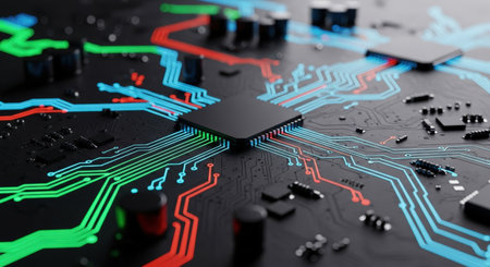 A detailed close-up of a black computer motherboard with a central processor and intricate glowing blue, green, and red circuit lines connecting various components. Clear details and vibrant col...の写真素材