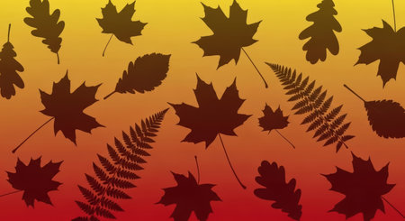A collection of dark silhouettes of various autumn leaves including oak, maple, and fern, scattered across a vibrant gradient background transitioning from yellow to orange and red. Clear detail...の写真素材
