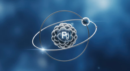 A 3D illustration of an atomic structure with a central nucleus labeled 'Pg' and an orbiting electron on a blue gradient background. Clear details and vibrant colors enhance visual appeal.の写真素材
