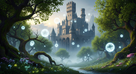 A majestic medieval castle stands in an enchanted forest. Glowing orbs float in the misty air, and a winding path leads through lush greenery and moss-covered trees. Clear details and vibrant co...の写真素材