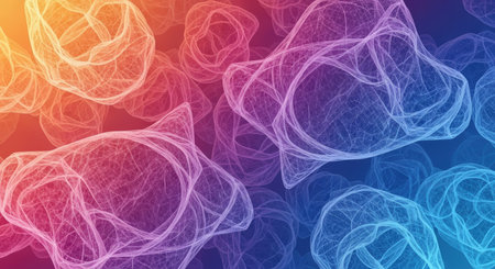 An abstract close-up of intricate, organic-shaped fractal patterns. The shapes are rendered in a vibrant gradient of colors, transitioning from orange and pink to purple and blue. Clear details ...の写真素材