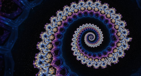 A detailed fractal spiral pattern in shades of blue, purple, and gold against a dark, star-filled background, creating a sense of cosmic depth and intricate design. Clear details and vibrant col...の写真素材