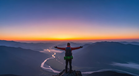 A lone hiker stands with arms spread wide on a rocky mountain summit, overlooking a vast valley with a winding river below at sunrise. Clear details and vibrant colors enhance visual appeal.の写真素材