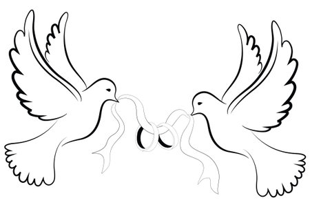 Pair of white doves with wedding rings. Vector illustration.のイラスト素材