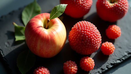 Fresh apple and lychee arranged on dark stone surface for food photographyの素材