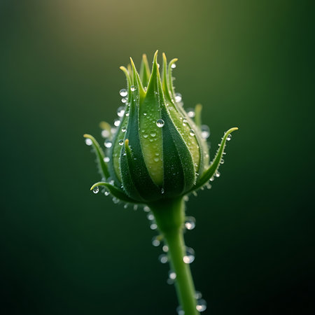 Macro shot of dew covered green foliage with fresh bud and moody morning lightの素材