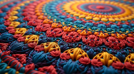 Handcrafted mandala woven from vibrant silk threads, detailed textureの素材