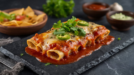 Gourmet Mexican Enchiladas Served on Dark Slate Plate Restaurant Style Presentationの素材