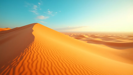 Golden hour over vast sand dunes with soft shadowsの素材