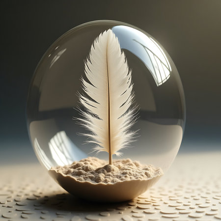 Elegant glass sphere containing a feather placed on patterned sand bed, artistic macro composition with calm balance themeの素材