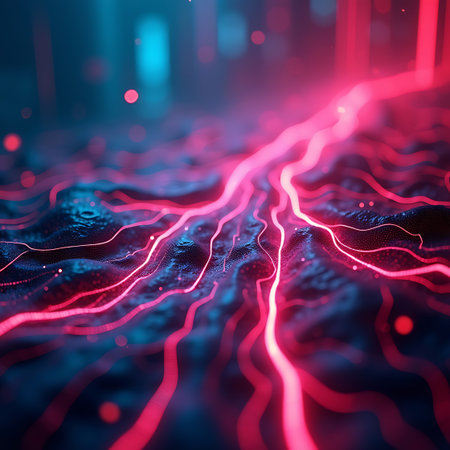 Digital geometric wireframe structure with glowing lines and 3D gridの素材