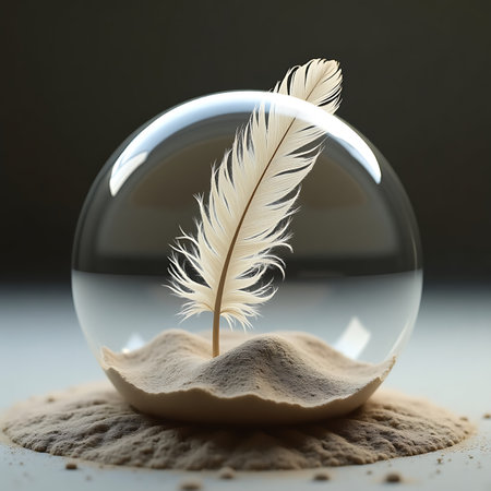 Realistic feather encased in spherical glass resting on zen sand base with raked circular patterns, soft natural light ambianceの素材