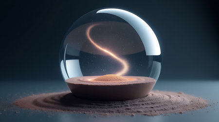 Cosmic shooting star trail in glass globe on decorative sandの素材