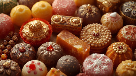 Festive arrangement of Indian desserts with rich textures and cultural detailingの素材