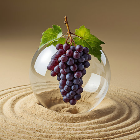 Conceptual still life of grapes in glass sphere with raked sand backgroundの素材