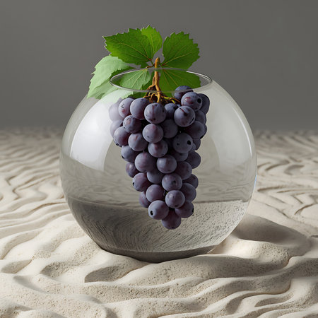 Green and purple grapes inside reflective glass sphere on zen sand patternの素材