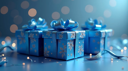 Elegant Blue Holiday Presents with Decorative Floral Motifsの素材