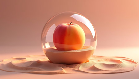 Reflective glass sphere with peach fruit on minimal raked sand patternの素材