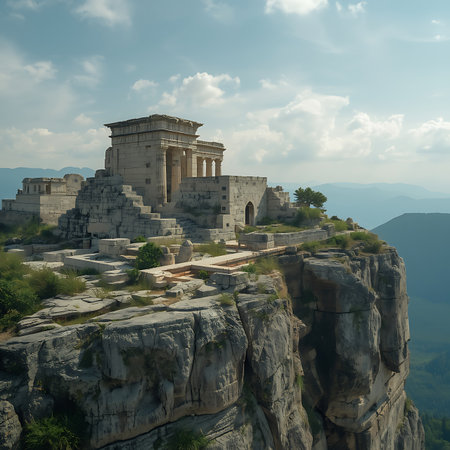 Weathered ruins on rocky mountain edge in moody landscape sceneの素材