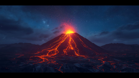 Volcano with glowing lava flow beneath starry night skyの素材