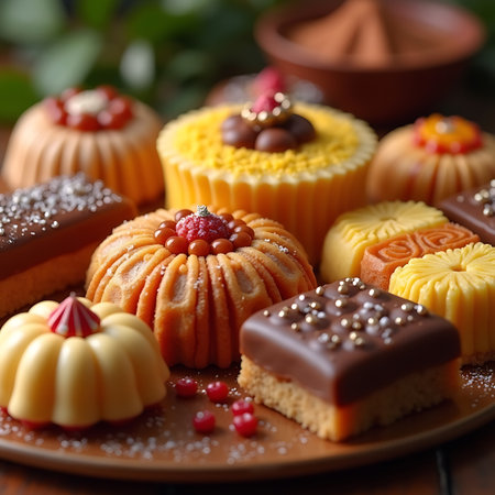 Premium background of assorted Indian desserts with detailed textures, festive celebration themeの素材