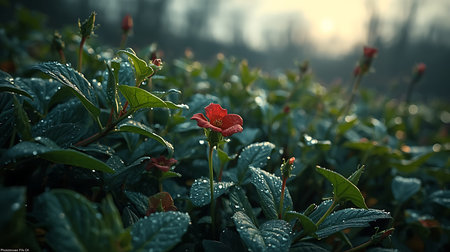 Red Bloom and Bud on Fresh Green Leavesの素材