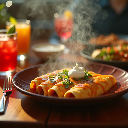 Wide Angle Table Setup with Enchiladas, Drinks, and Cutleryの素材