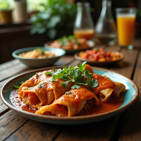 Authentic Enchiladas Served with Jalapenos and Salsaの素材