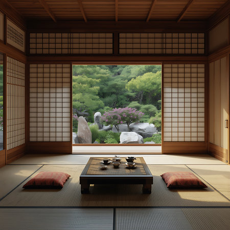 Minimalist Zen tea room with wooden table, floor cushions, and soothing daylightの素材