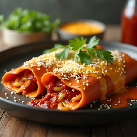 Traditional Mexican Enchilada Dish with Fresh Garnishの素材