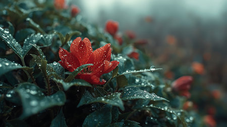 Red Blossom in Moody Morning Lightの素材