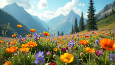 Serene Alpine Valley with Colorful Blossomsの素材